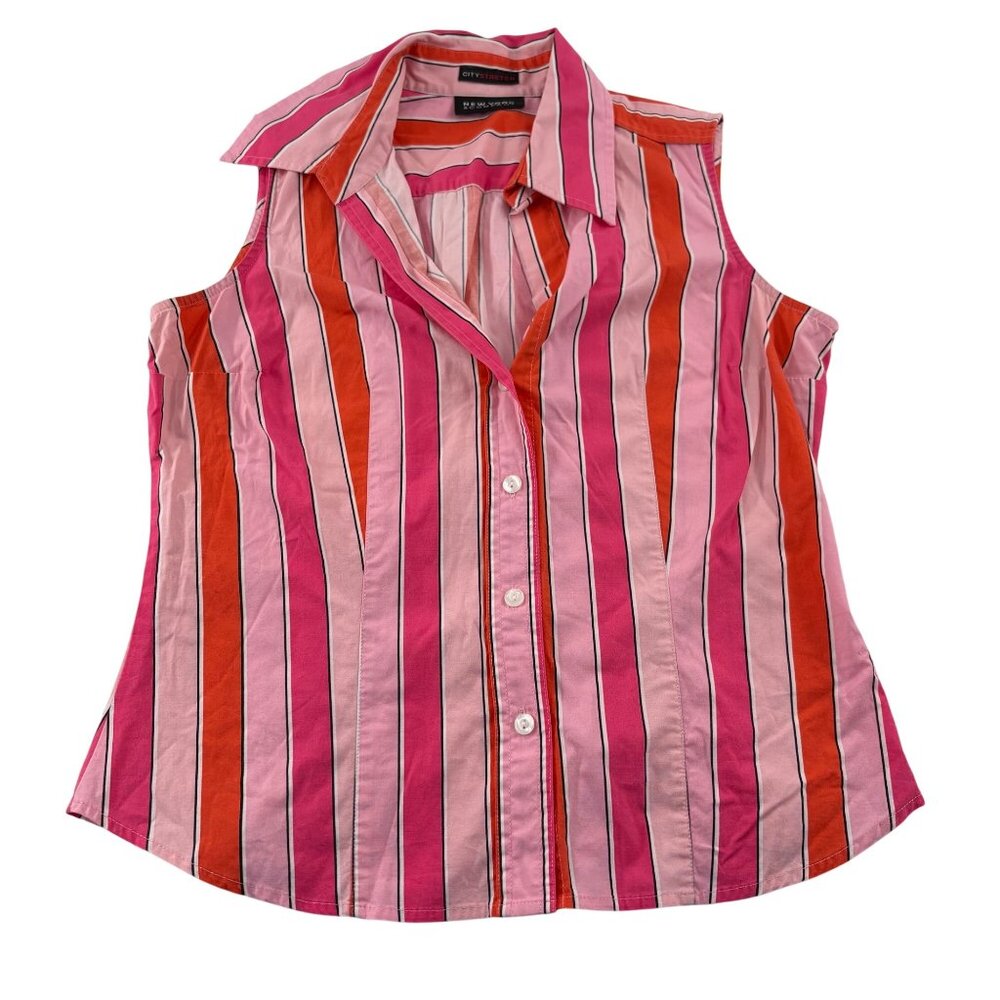 New York & Company Sleeveless Pink & Orange Striped Button-Up Blouse Small Y2K‎